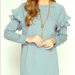 She and Sky Misty Blue Ruffle Sleeve Terry Dress